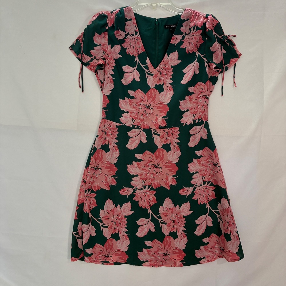 J Crew Mercantile Floral Fit & Flare Dress 4 Green Pink Tie Sleeve Garden Party‎